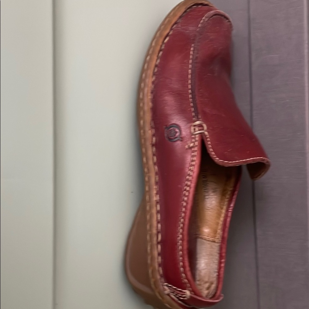 Women’s Born Red Leather Loafers, thick rubber soles great for light rain ground